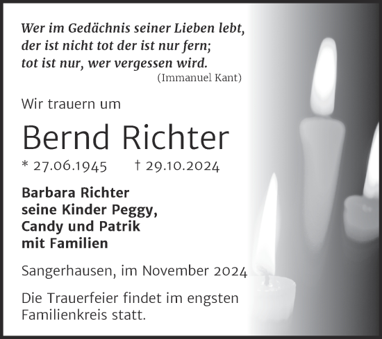 Traueranzeige von Bernd Richter von Trauerkombi Sangerhausen