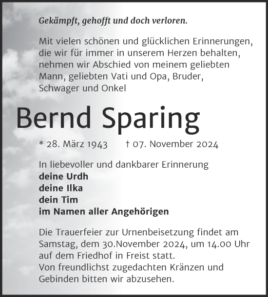 Traueranzeige von Bernd Sparing von Trauerkombi Mansfelder Land