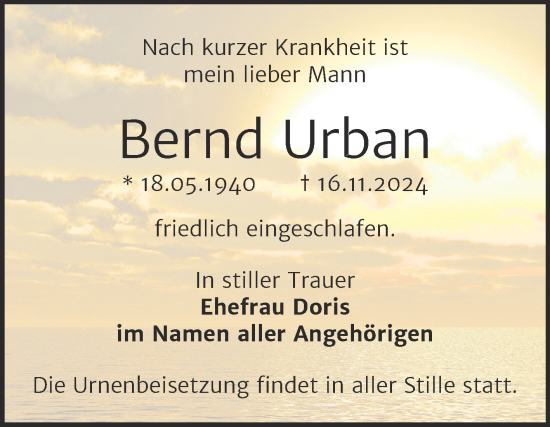 Traueranzeige von Bernd Urban von Trauerkombi Wittenberg