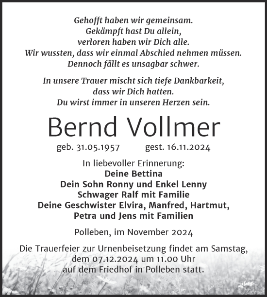 Traueranzeige von Bernd Vollmer von Trauerkombi Mansfelder Land
