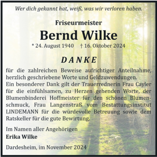 Traueranzeige von Bernd Wilke von Volksstimme Halberstadt