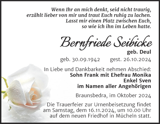 Traueranzeige von Bernfriede Seibicke von Trauerkombi Merseburg