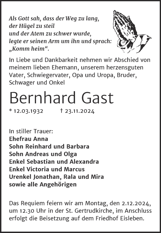 Traueranzeige von Bernhard Gast von Trauerkombi Mansfelder Land