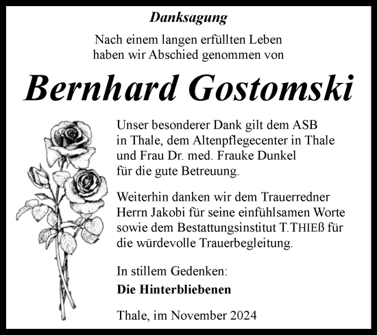 Traueranzeige von Bernhard Gostomski von Trauerkombi Quedlinburg