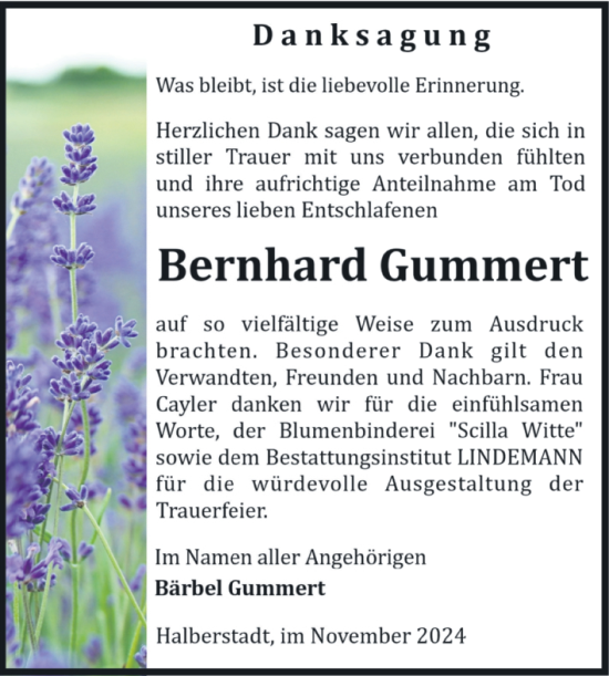 Traueranzeige von Bernhard Gummert von Volksstimme Halberstadt