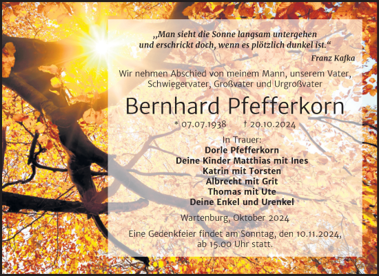 Traueranzeige von Bernhard Pfefferkorn von Trauerkombi Wittenberg