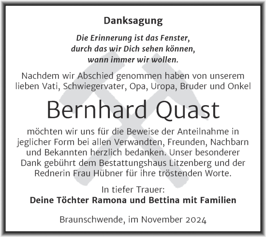 Traueranzeige von Bernhard Quast von Trauerkombi Mansfelder Land