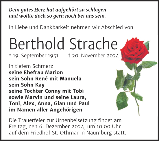 Traueranzeige von Berthold Strache von Naumburger Tageblatt