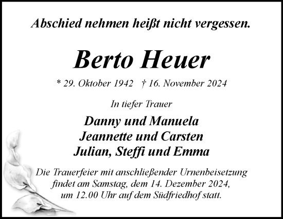 Traueranzeige von Berto Heuer von Volksstimme Magdeburg