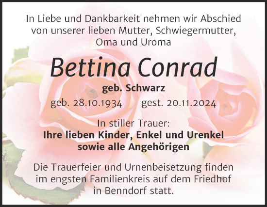Traueranzeige von Bettina Conrad von Trauerkombi Mansfelder Land