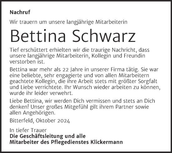 Traueranzeige von Bettina Schwarz von SuperSonntag Bitterfeld