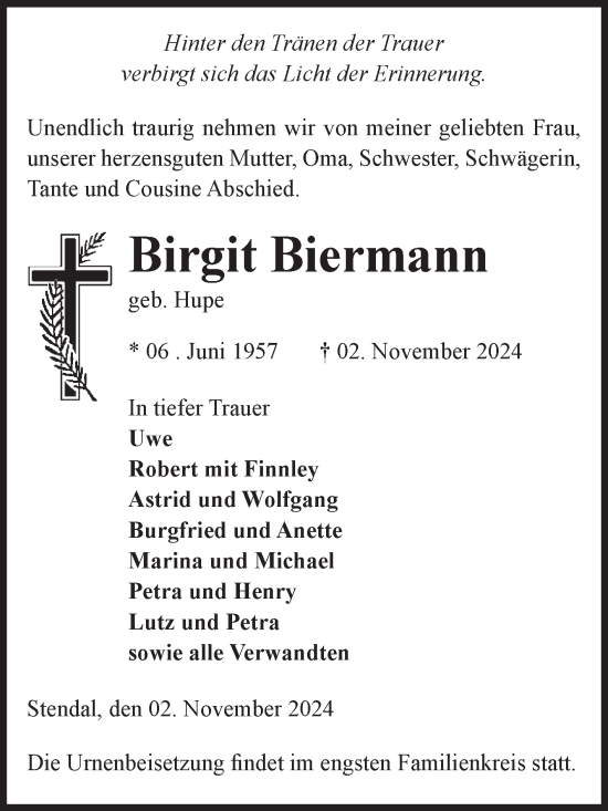 Traueranzeige von Birgit Biermann von Volksstimme Altmark Ost