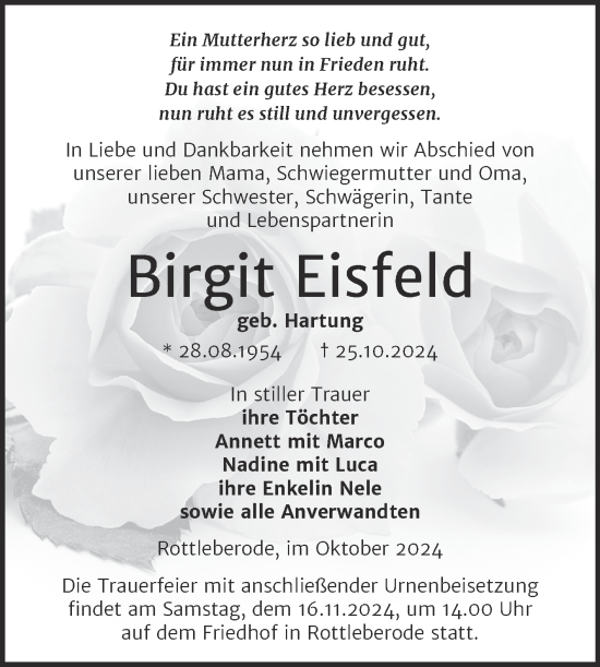 Traueranzeige von Birgit Eisfeld von Trauerkombi Sangerhausen
