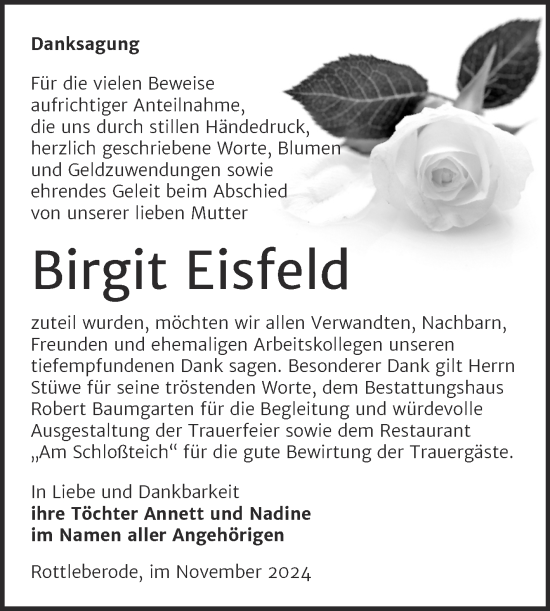 Traueranzeige von Birgit Eisfeld von Trauerkombi Sangerhausen