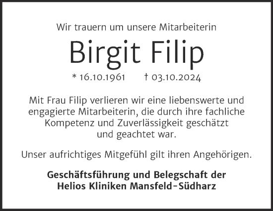 Traueranzeige von Birgit Filip von Mitteldeutsche Zeitung Mansfelder Land