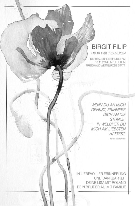 Traueranzeige von Birgit Filip von Trauerkombi Sangerhausen