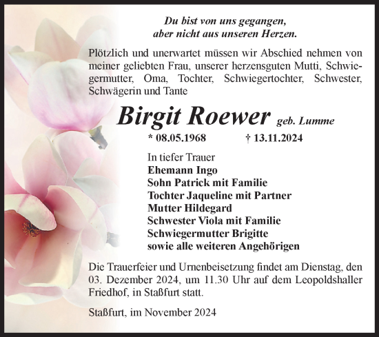Traueranzeige von Birgit Roewer von Volksstimme Staßfurt