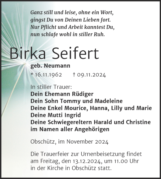 Traueranzeige von Birka Seifert von Trauerkombi Weißenfels