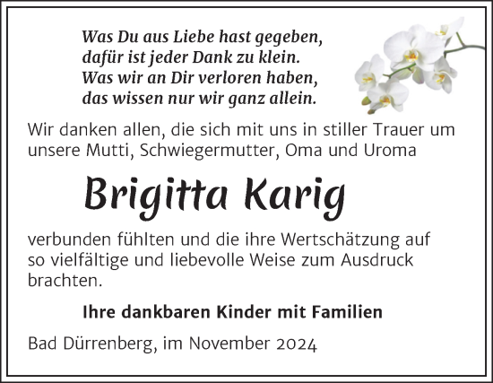 Traueranzeige von Brigitta Karig von Trauerkombi Merseburg