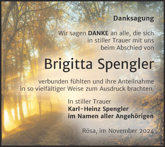 Traueranzeige von Brigitta Spengler von Trauerkombi Bitterfeld