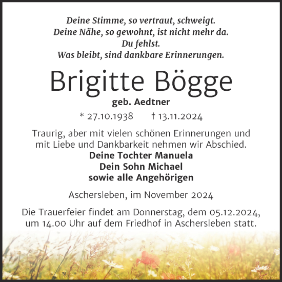 Traueranzeige von Brigitte Bögge von Trauerkombi Aschersleben