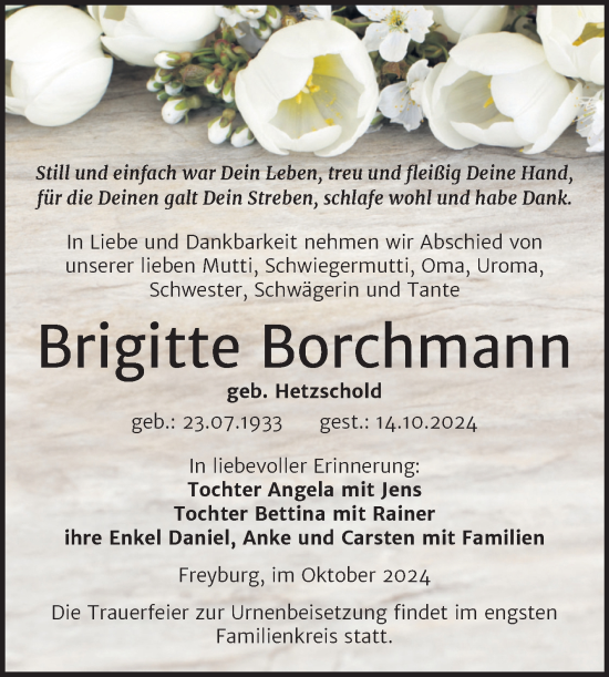 Traueranzeige von Brigitte Borchmann von Super Sonntag Naumburg/Nebra
