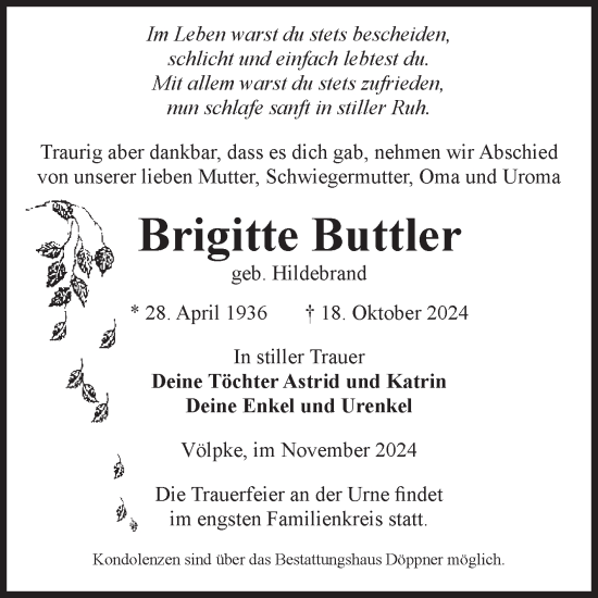 Traueranzeige von Brigitte Buttler von Volksstimme Oschersleben/Wanzleben