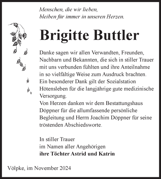 Traueranzeige von Brigitte Buttler von Volksstimme Oschersleben/Wanzleben