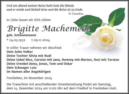 Traueranzeige von Brigitte Machemehl von Trauerkombi Aschersleben