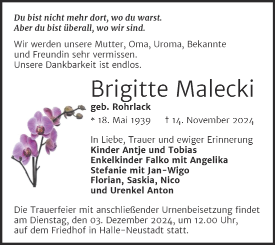 Traueranzeige von Brigitte Malecki von Mitteldeutsche Zeitung Halle/Saalkreis