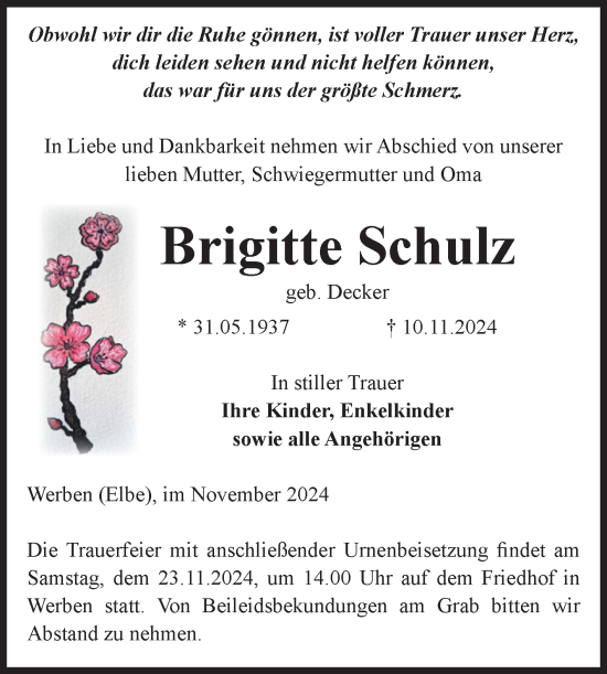 Traueranzeige von Brigitte Schulz von Volksstimme Altmark Ost