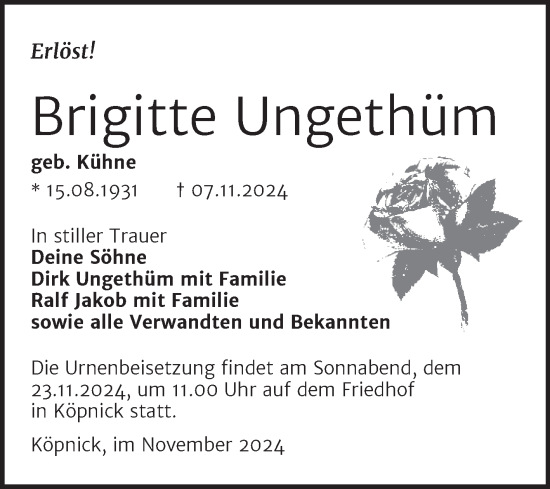 Traueranzeige von Brigitte Ungethüm von Trauerkombi Wittenberg