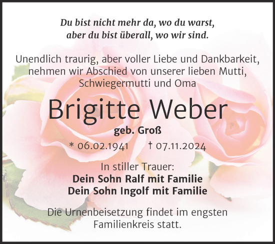 Traueranzeige von Brigitte Weber von Trauerkombi Bitterfeld