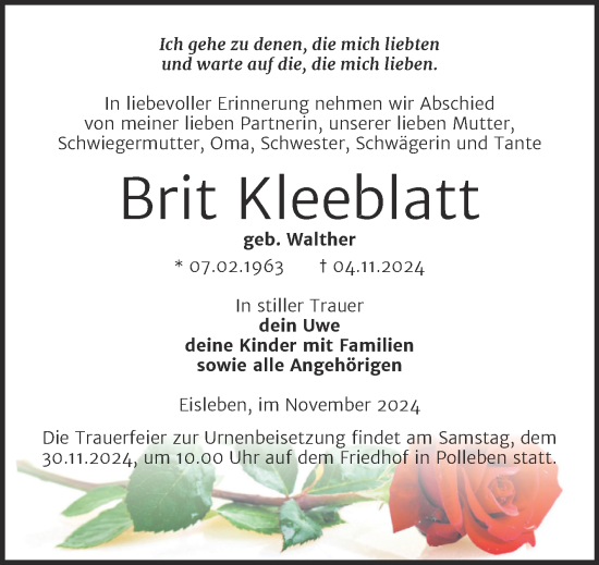 Traueranzeige von Brit Kleeblatt von Trauerkombi Mansfelder Land