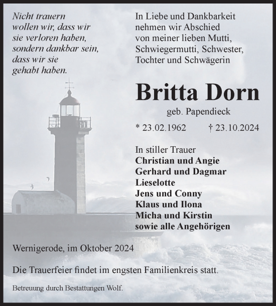 Traueranzeige von Britta Dorn von Volksstimme Wernigerode