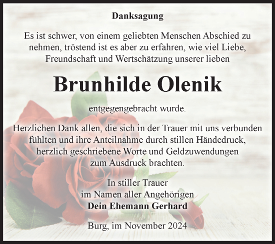 Traueranzeige von Brunhilde Olenik von Volksstimme Burg/Genthin