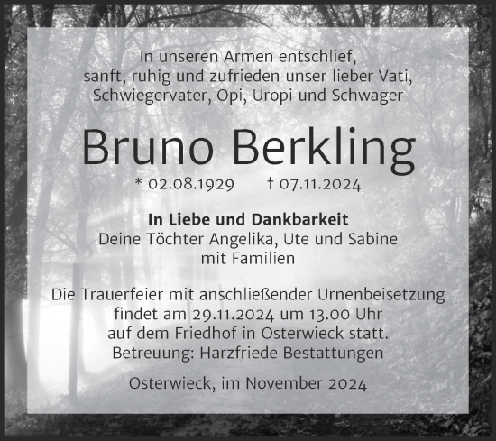 Traueranzeige von Bruno Berkling von Volksstimme Halberstadt