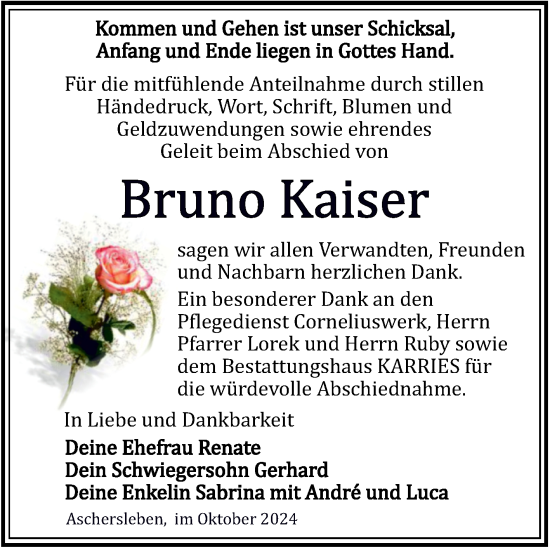Traueranzeige von Bruno Kaiser von Trauerkombi Aschersleben
