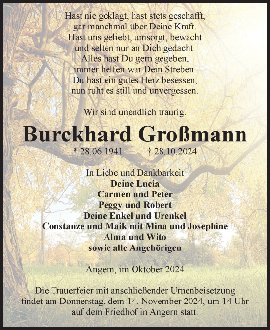 Traueranzeige von Burckhard Großmann von Volksstimme Altmark Ost