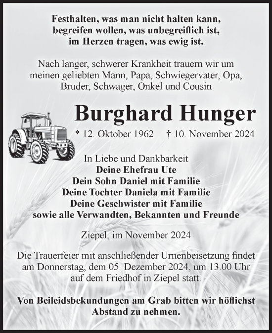 Traueranzeige von Burghard Hunger 
