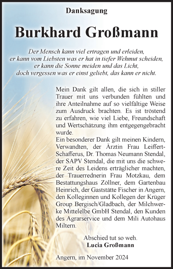 Traueranzeige von Burkhard Großmann von Volksstimme Altmark Ost