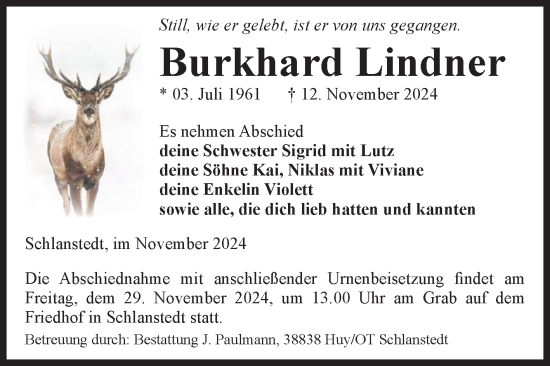 Traueranzeige von Burkhard Lindner von Volksstimme Halberstadt