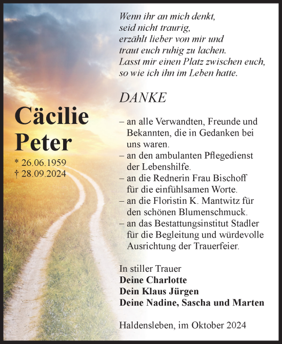 Traueranzeige von Cäcilie Peter von Volksstimme Haldensleben/Wolmirstedt