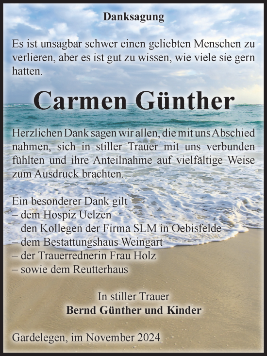 Traueranzeige von Carmen Günther von Volksstimme Altmark West