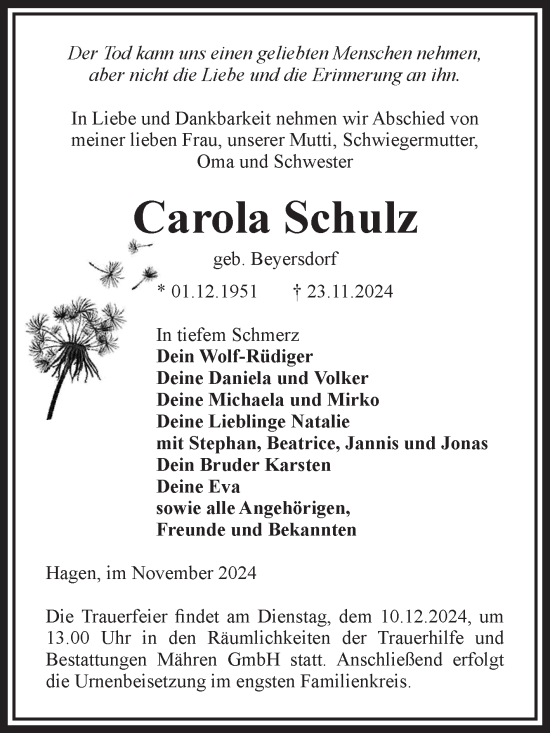 Traueranzeige von Carola Schulz von Volksstimme Altmark West