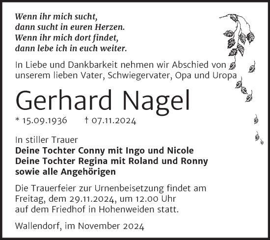 Traueranzeige von Gerhard Nagel von Trauerkombi Merseburg