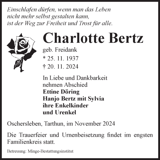 Traueranzeige von Charlotte Bertz von Volksstimme Oschersleben/Wanzleben