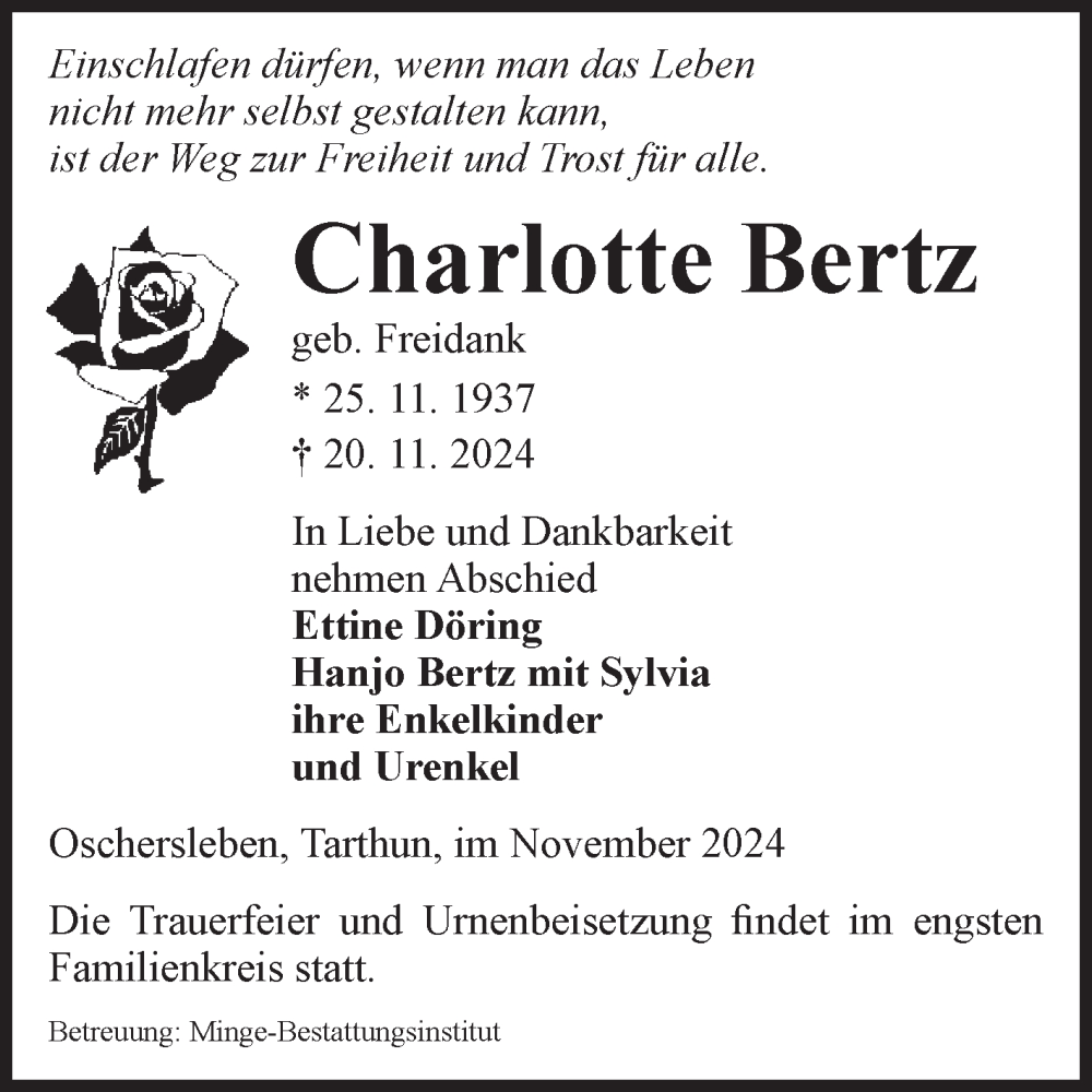  Traueranzeige für Charlotte Bertz vom 23.11.2024 aus Volksstimme Oschersleben/Wanzleben