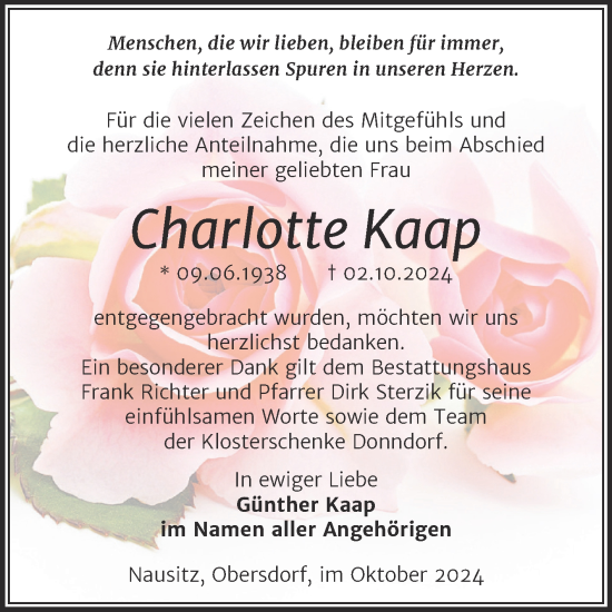 Traueranzeige von Charlotte Kaap von Trauerkombi Sangerhausen