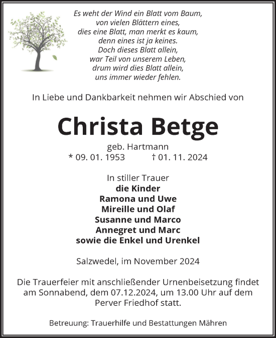 Traueranzeige von Christa Betge von Volksstimme Altmark West